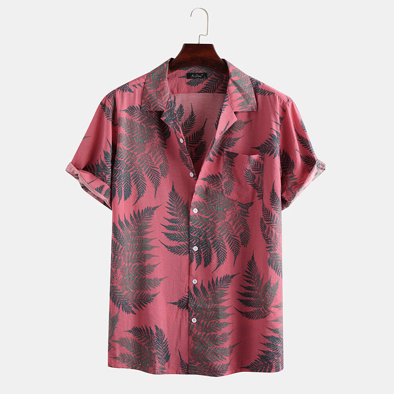 Mens 100% Cotton Leaf Printed Short Sleeve Shirts