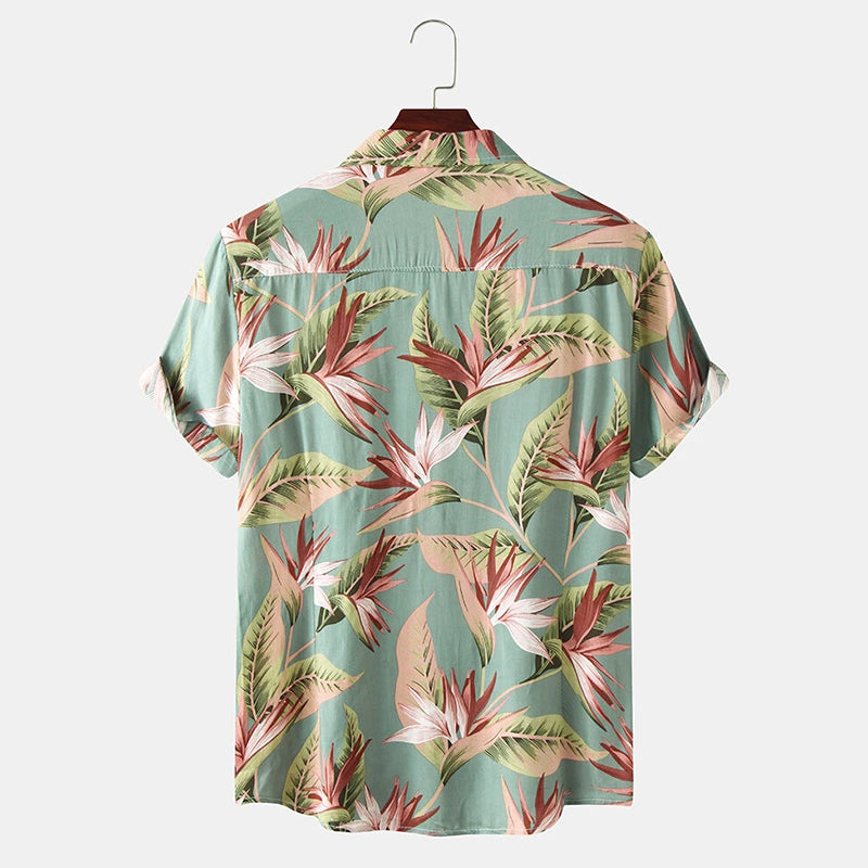 Mens Classical Oil Print Leaf Short Sleeve Shirts