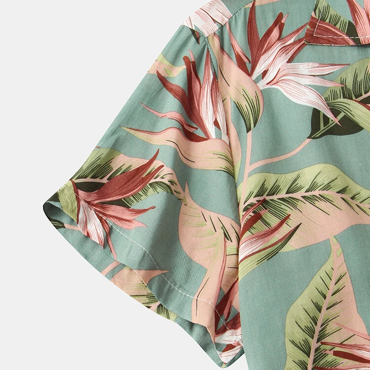 Mens Classical Oil Print Leaf Short Sleeve Shirts