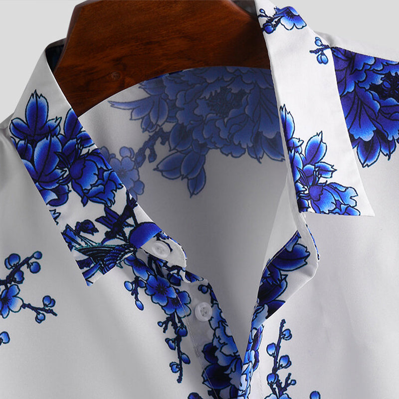 Mens Porcelain Floral Printed Short Sleeve Shirt