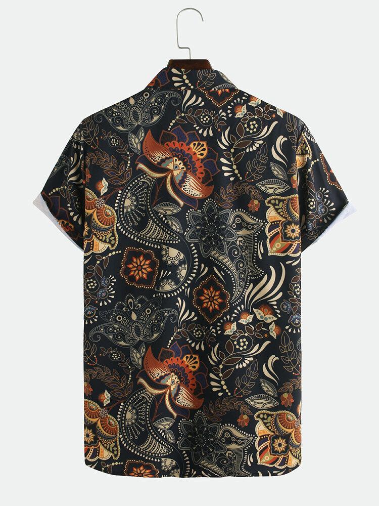 Mens Ethnic Style Flower Printed Breathable Shirts