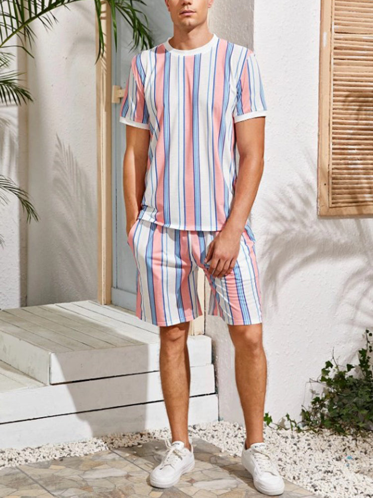 Men Colorful Striped Comfy Short Sleeve Pajamas Set