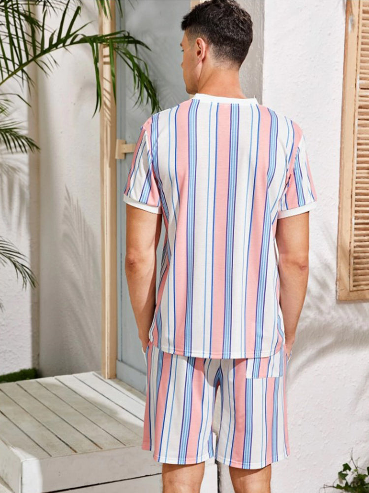 Men Colorful Striped Comfy Short Sleeve Pajamas Set