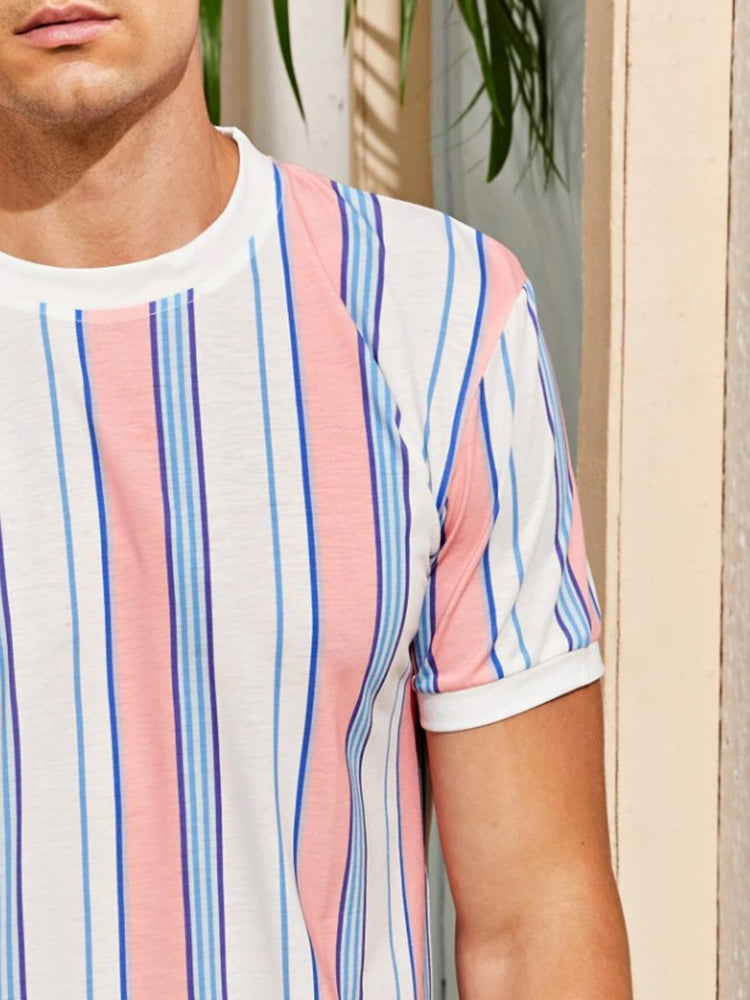 Men Colorful Striped Comfy Short Sleeve Pajamas Set