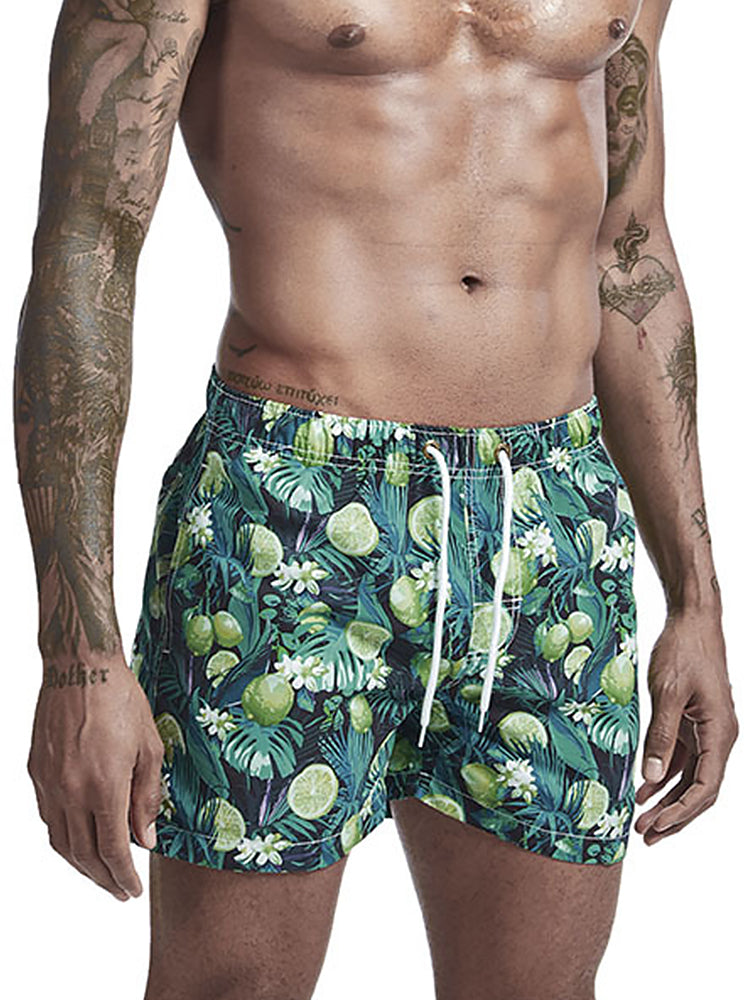 Mens Tropical Print Drawstring Quick Dry Board Shorts