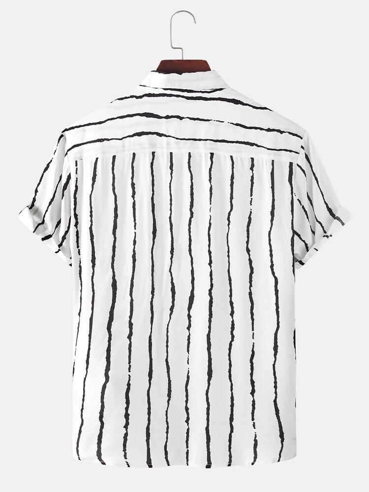 Mens Stripe Curved Hem Short Sleeve Casual Shirts