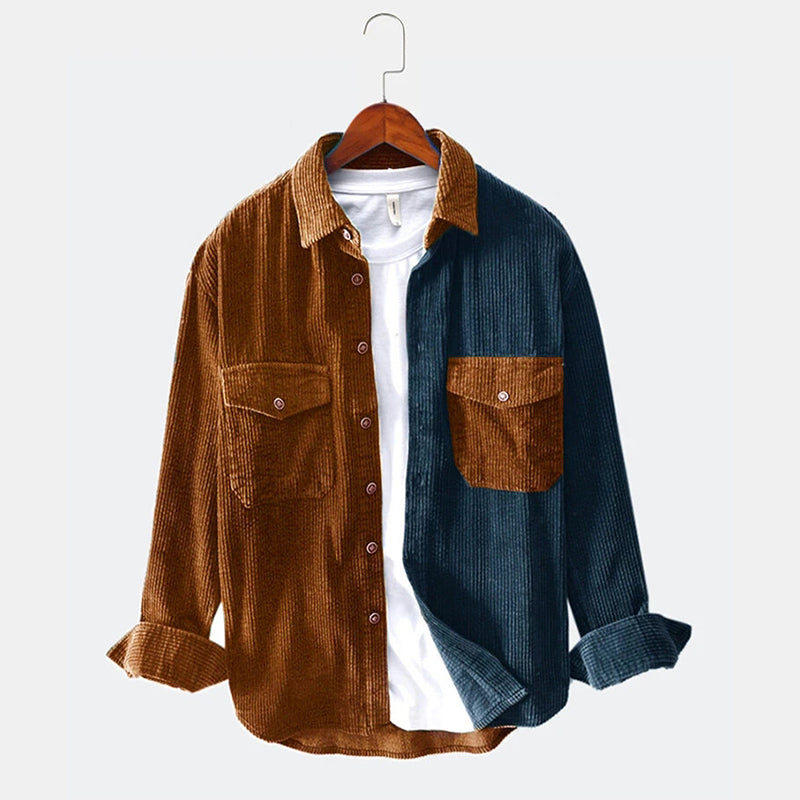 Mens Patchwork Double Pocket Loose Long Sleeve Shirts