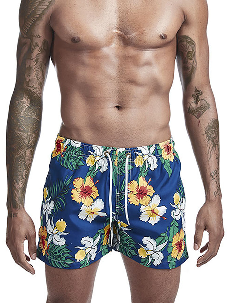 Mens Tropical Print Drawstring Quick Dry Board Shorts