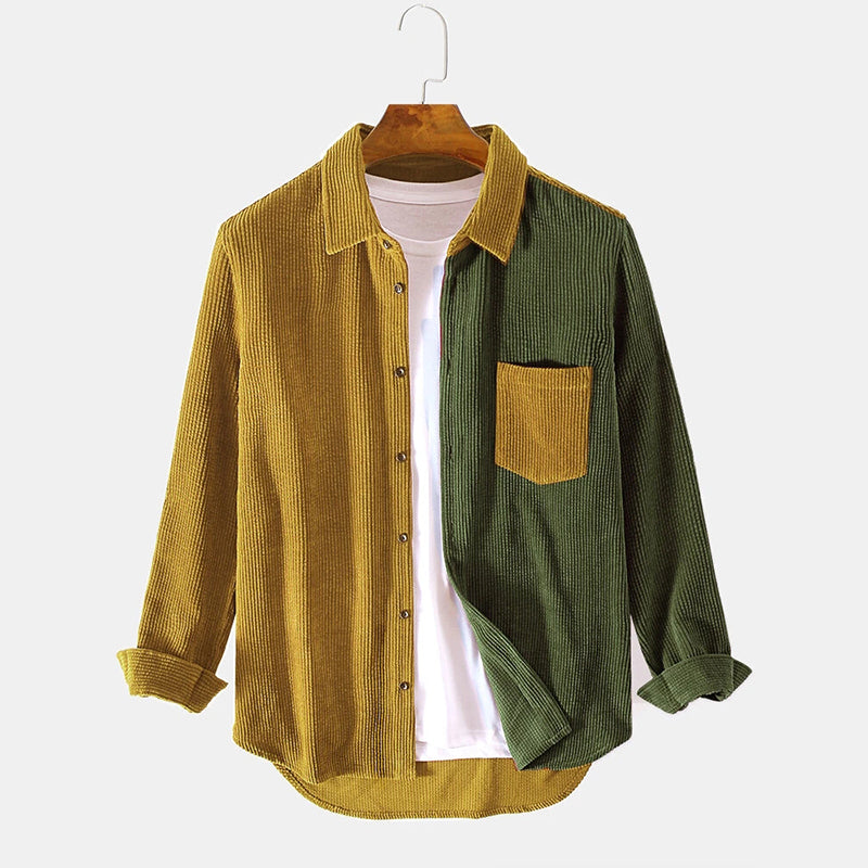 Mens Corduroy Designed Patchwork Long Sleeve Shirts