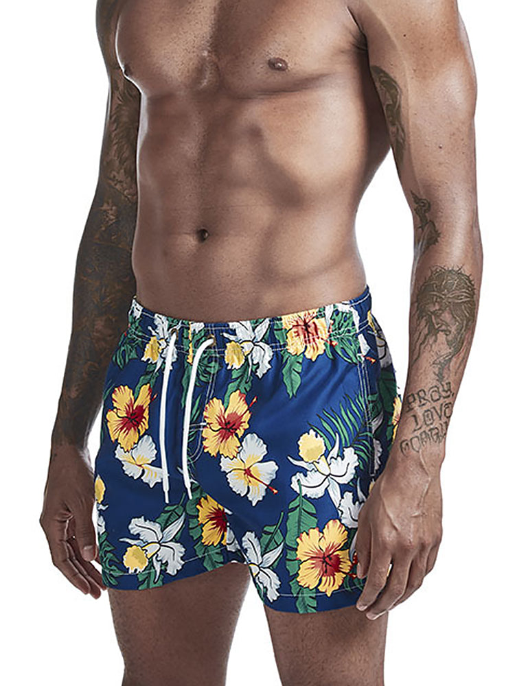 Mens Tropical Print Drawstring Quick Dry Board Shorts