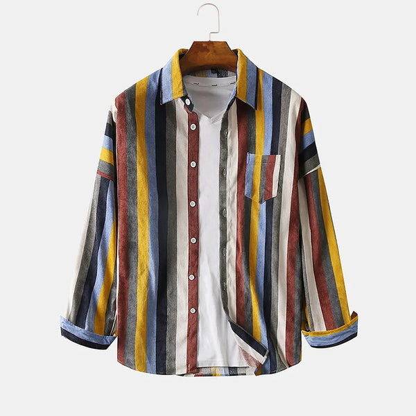 Mens Brief Style Color Stripe Corduroy Casual Long Sleeve Shirts