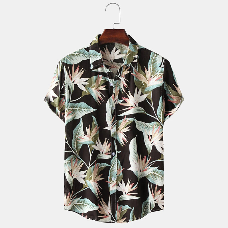 Mens Classical Oil Print Leaf Short Sleeve Shirts