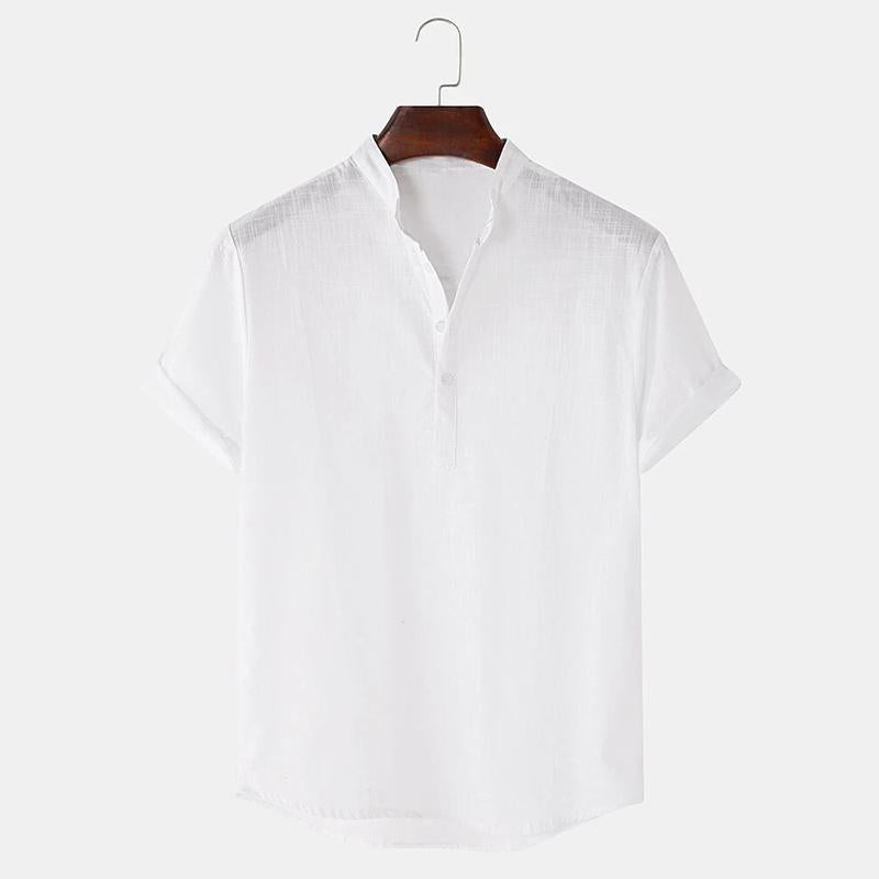 Mens Breathable Stand Collar Short Sleeve Solid Shirts