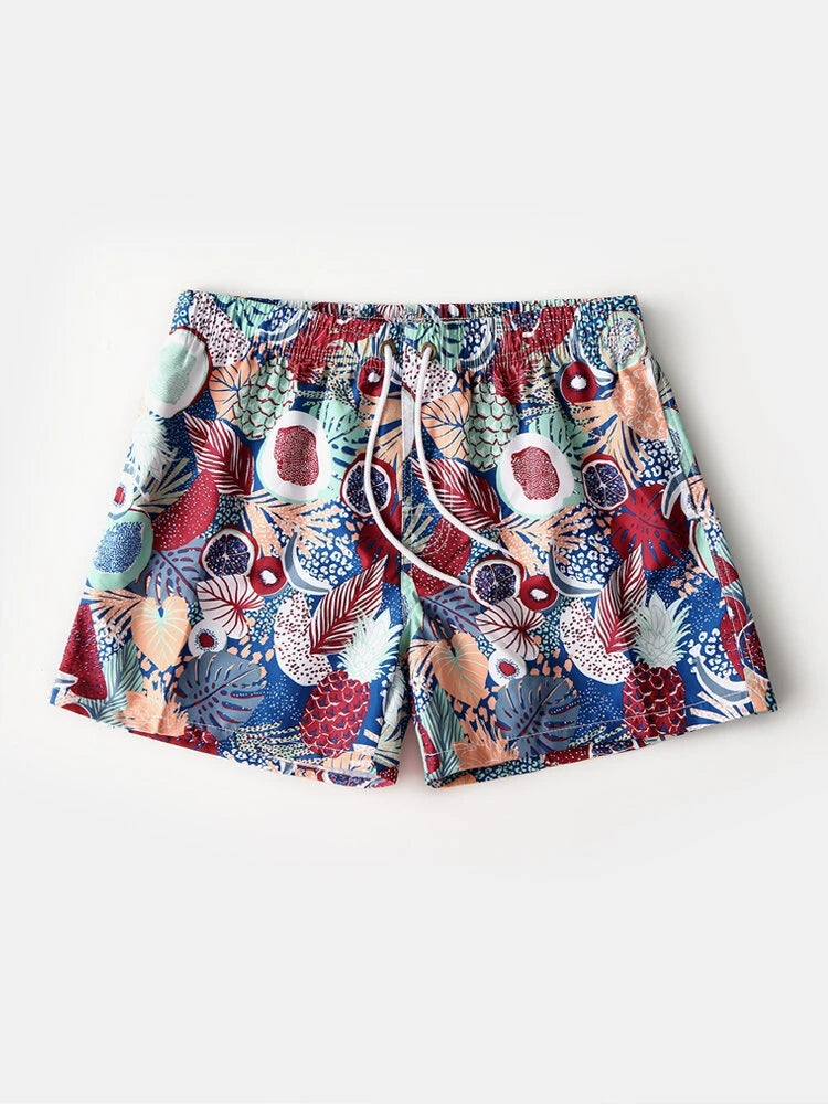 Mens Tropical Print Drawstring Quick Dry Board Shorts
