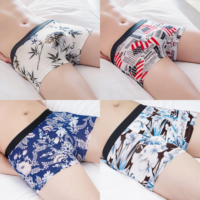 4 Pcs Printed Ice Silk Breathable Men's Boxer Briefs Set