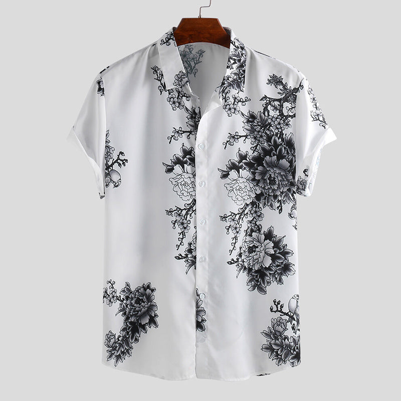 Mens Porcelain Floral Printed Short Sleeve Shirt
