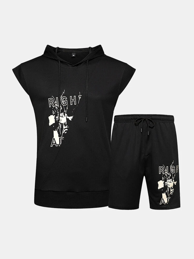 Men's Sleeveless Hooded Athletic Shorts Pajamas Set