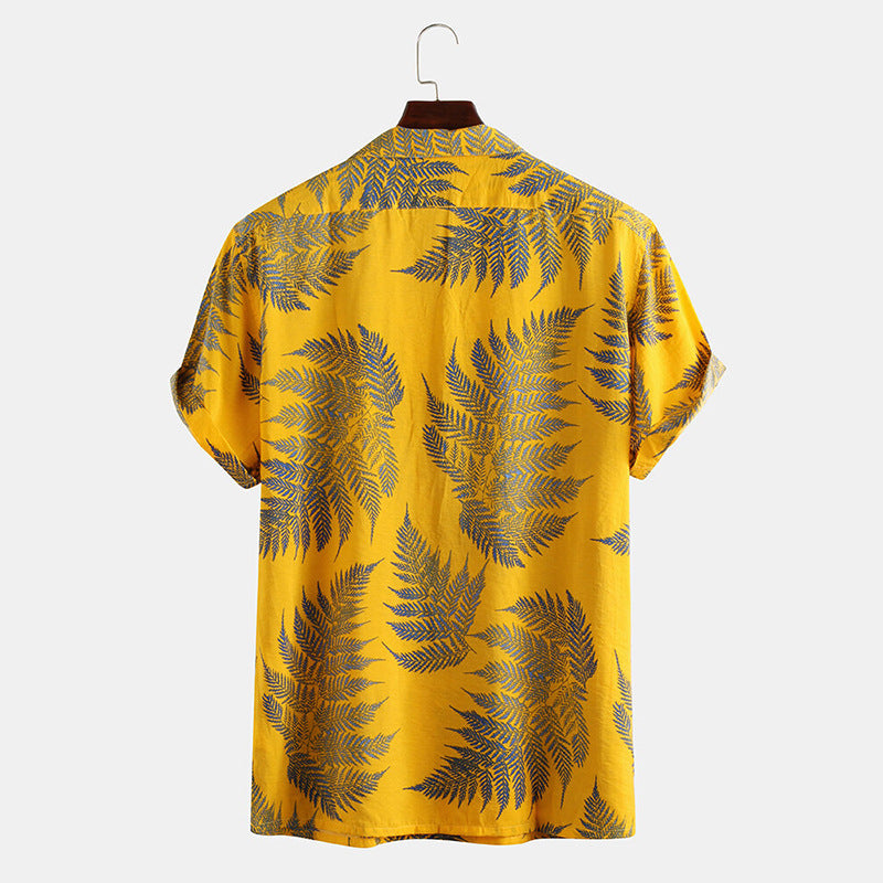 Mens 100% Cotton Leaf Printed Short Sleeve Shirts