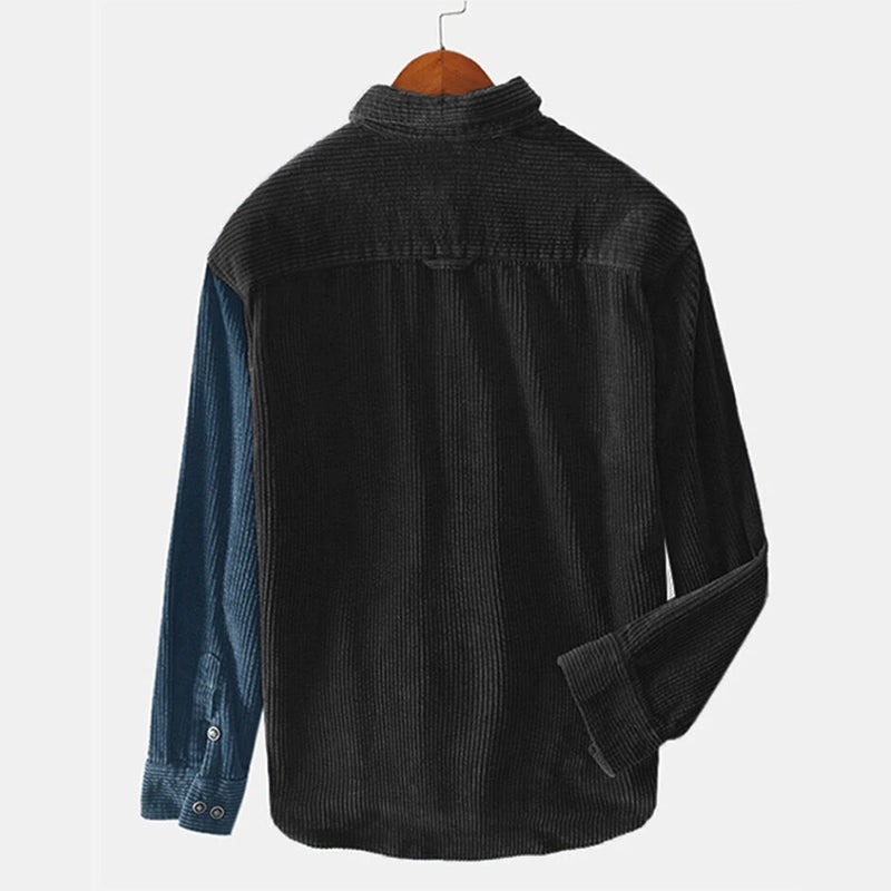 Mens Patchwork Double Pocket Loose Long Sleeve Shirts