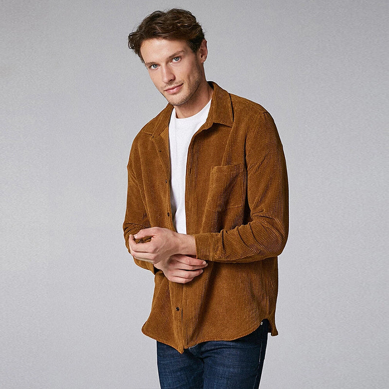 Mens Plain Style Corduroy Casual Long Sleeve Shirts