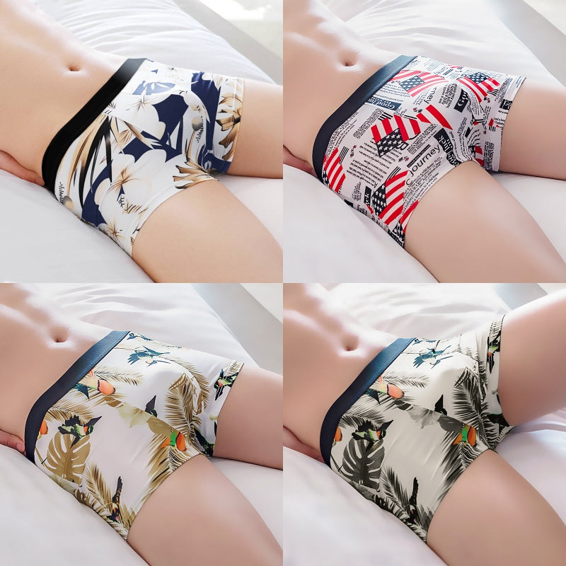 4 Pcs Printed Ice Silk Breathable Men's Boxer Briefs Set