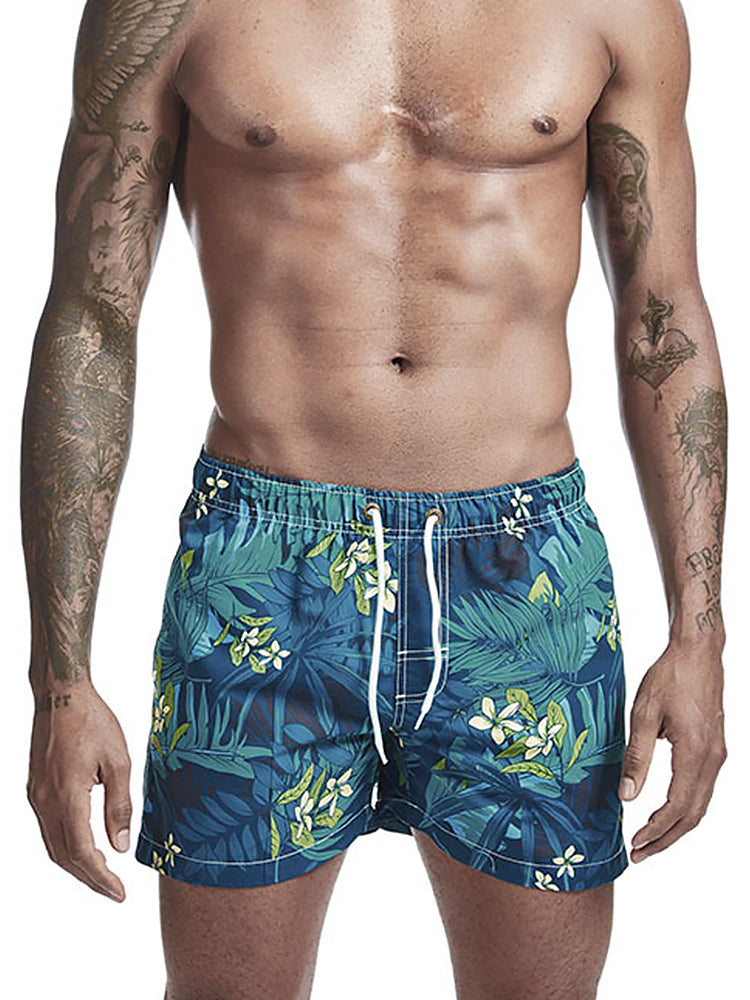 Mens Tropical Print Drawstring Quick Dry Board Shorts