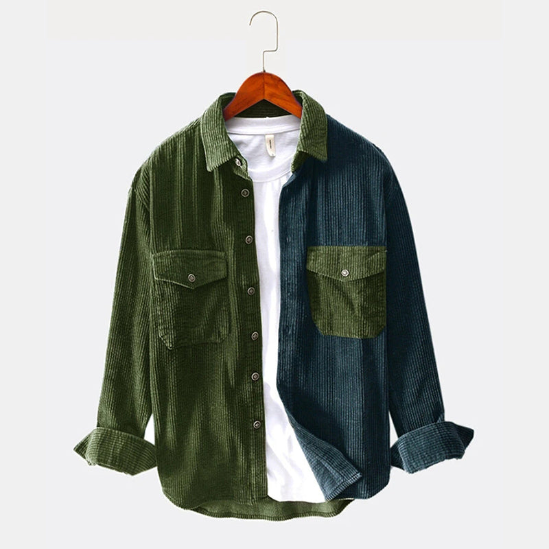 Mens Patchwork Double Pocket Loose Long Sleeve Shirts