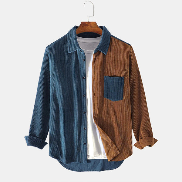 Mens Corduroy Designed Patchwork Long Sleeve Shirts