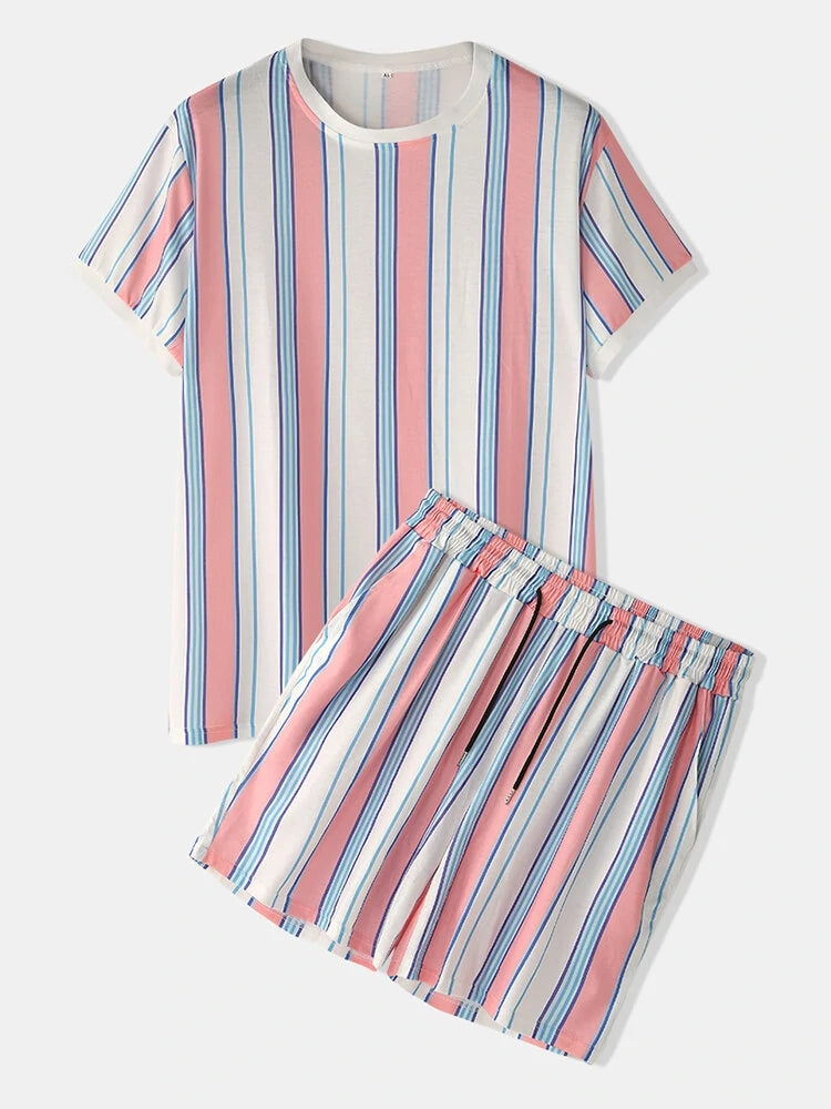Men Colorful Striped Comfy Short Sleeve Pajamas Set