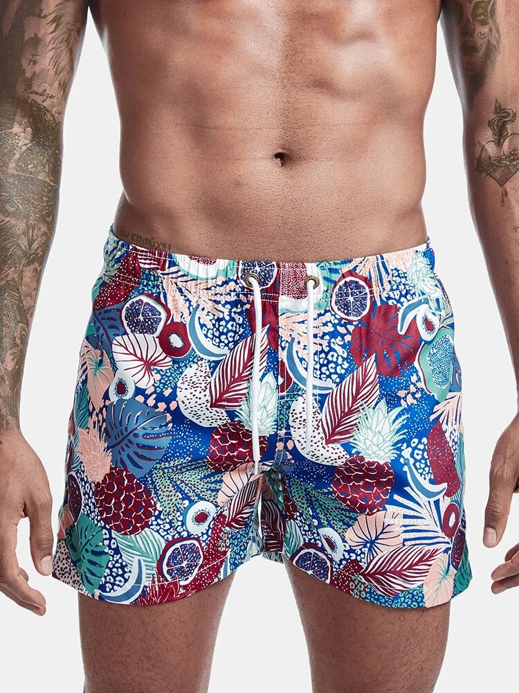 Mens Tropical Print Drawstring Quick Dry Board Shorts