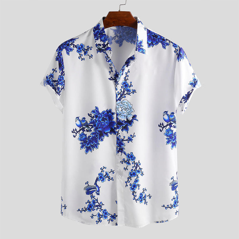 Mens Porcelain Floral Printed Short Sleeve Shirt