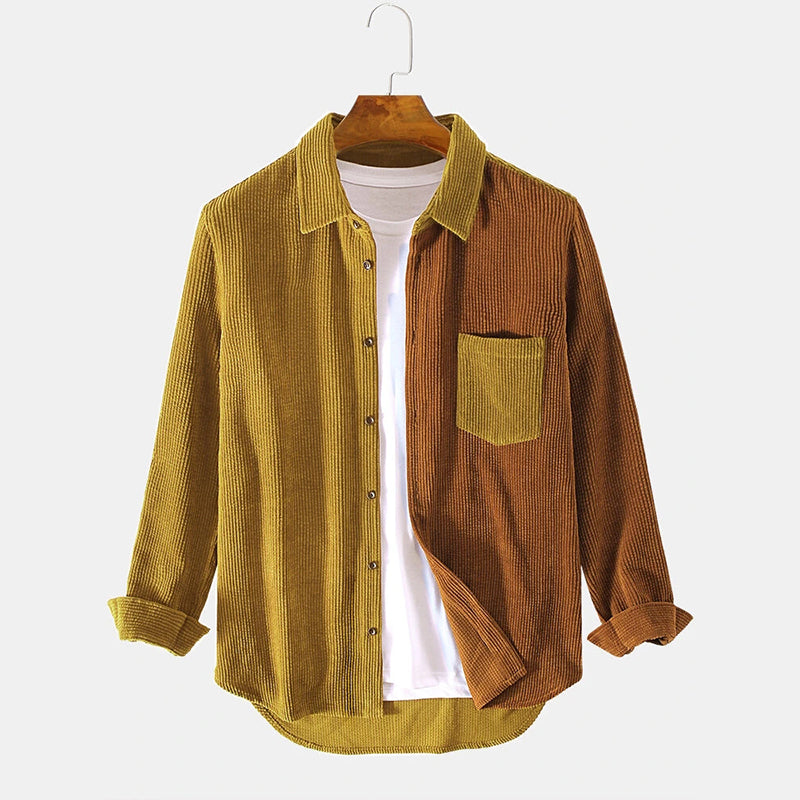 Mens Corduroy Designed Patchwork Long Sleeve Shirts