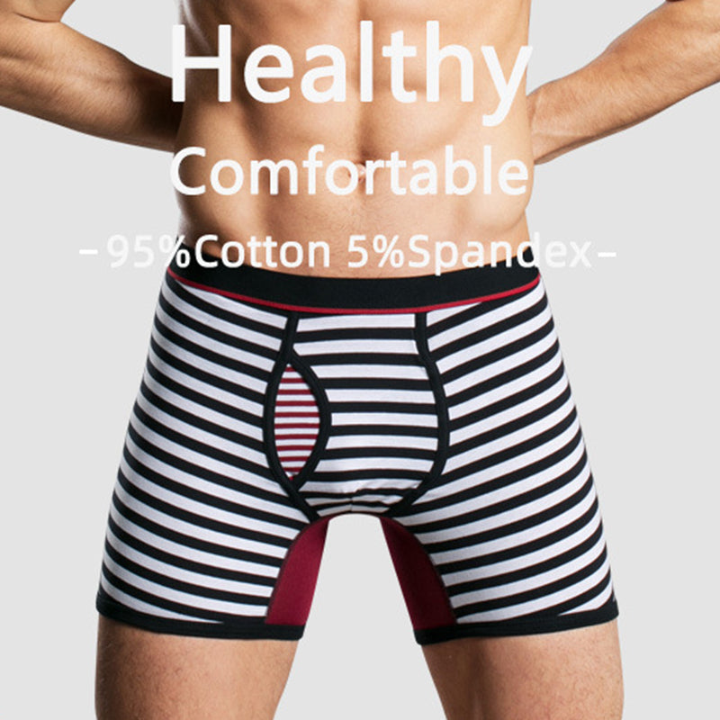 Men's Fly Front with Pouch Striped Cotton Boxer Briefs