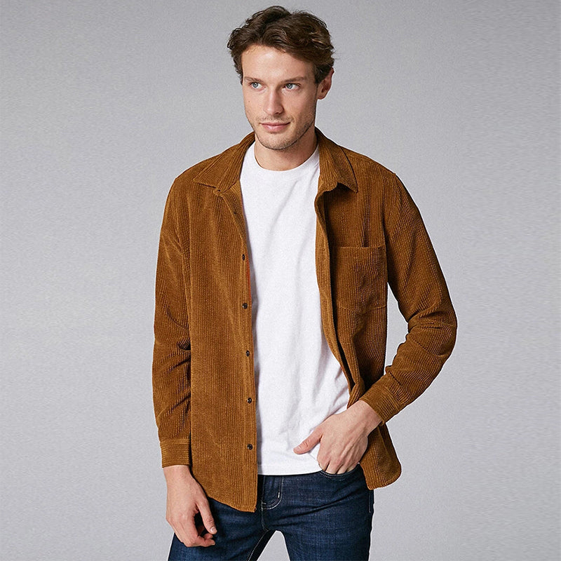 Mens Plain Style Corduroy Casual Long Sleeve Shirts