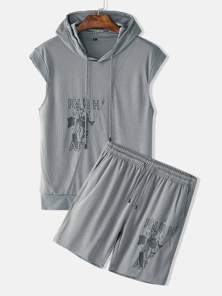 Men's Sleeveless Hooded Athletic Shorts Pajamas Set