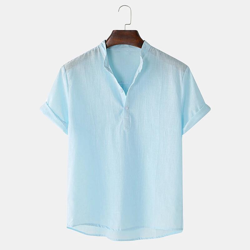 Mens Breathable Stand Collar Short Sleeve Solid Shirts