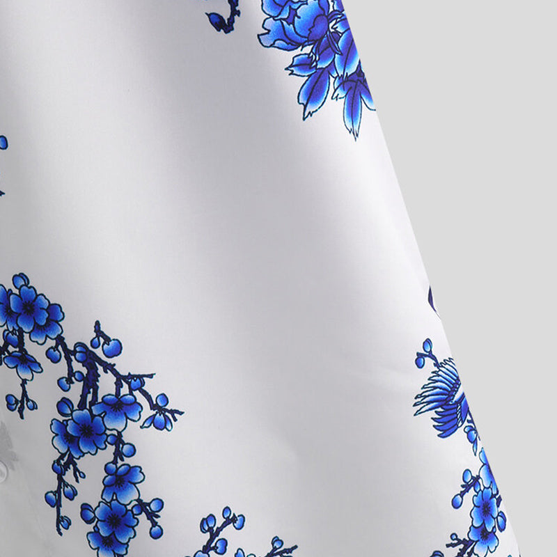 Mens Porcelain Floral Printed Short Sleeve Shirt
