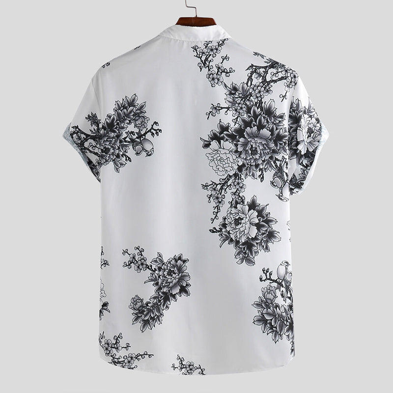 Mens Porcelain Floral Printed Short Sleeve Shirt