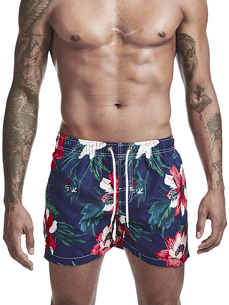 Mens Tropical Print Drawstring Quick Dry Board Shorts