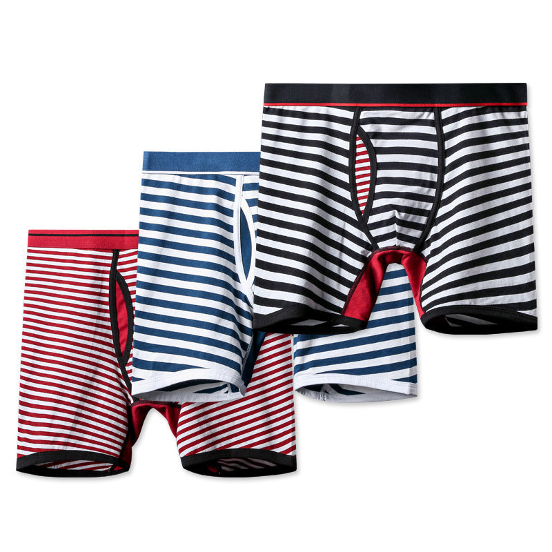 Men's Fly Front with Pouch Striped Cotton Boxer Briefs