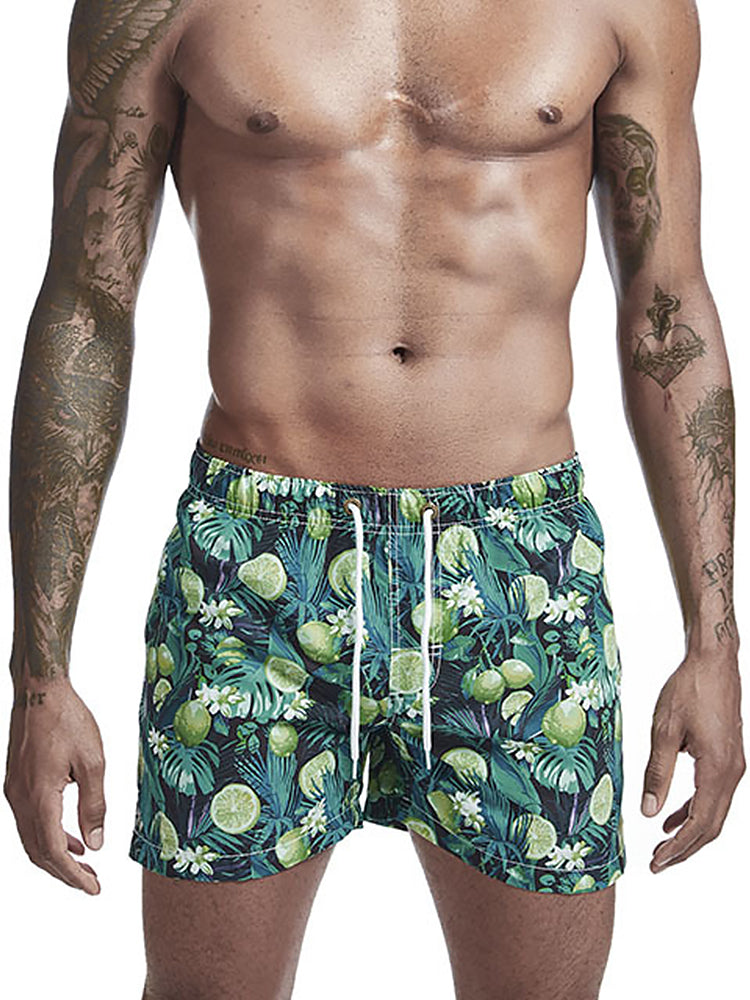 Mens Tropical Print Drawstring Quick Dry Board Shorts