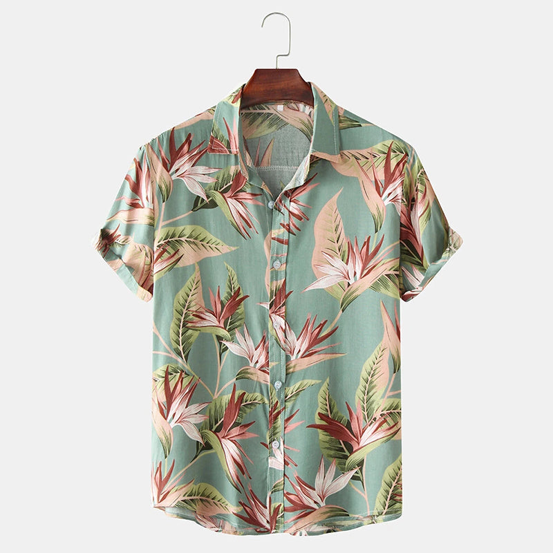 Mens Classical Oil Print Leaf Short Sleeve Shirts