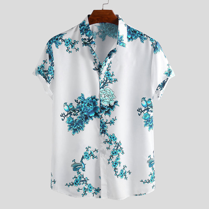 Mens Porcelain Floral Printed Short Sleeve Shirt
