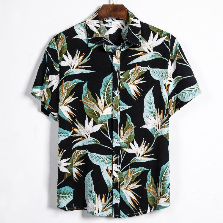 Mens Classical Oil Print Leaf Short Sleeve Shirts