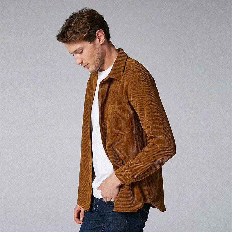 Mens Plain Style Corduroy Casual Long Sleeve Shirts