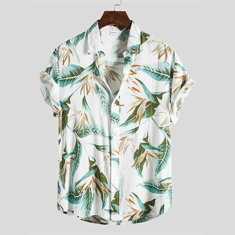 Mens Classical Oil Print Leaf Short Sleeve Shirts