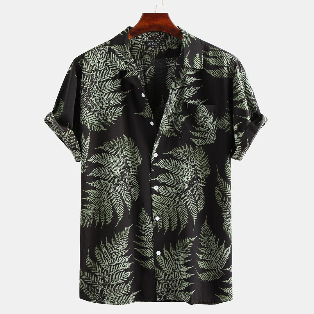 Mens Leaf Printed Turn Down Collar Short Sleeve Shirts