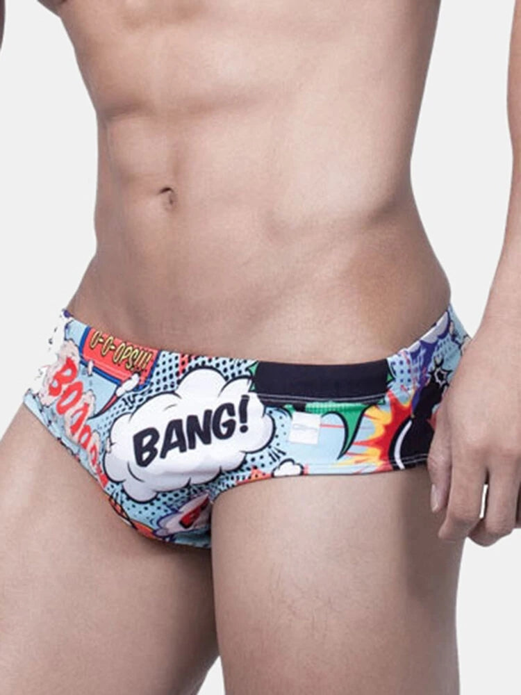 Mens Printing Drawstring Sexy Bikini Swim Briefs