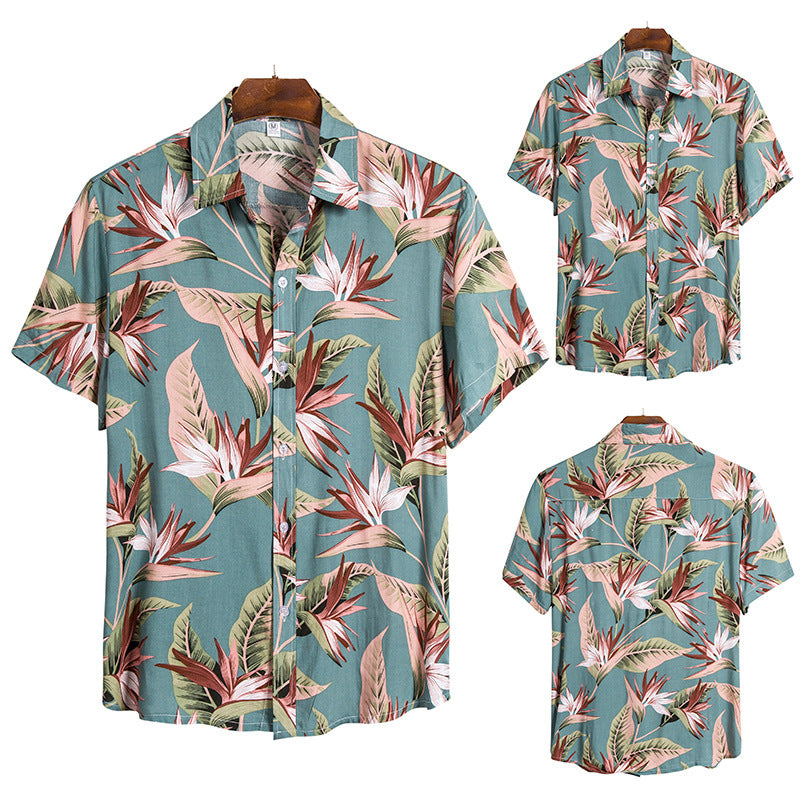 Mens Classical Oil Print Leaf Short Sleeve Shirts