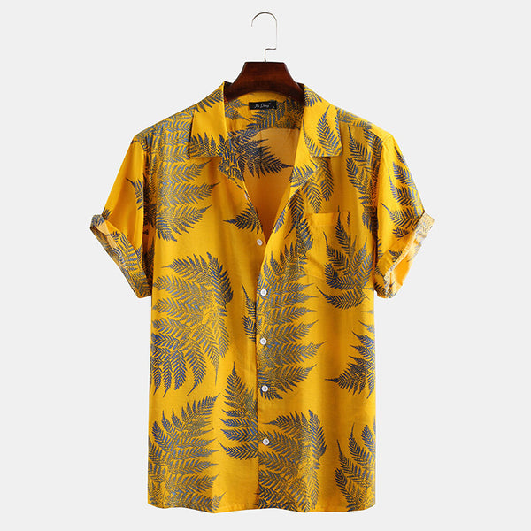 Mens 100% Cotton Leaf Printed Short Sleeve Shirts